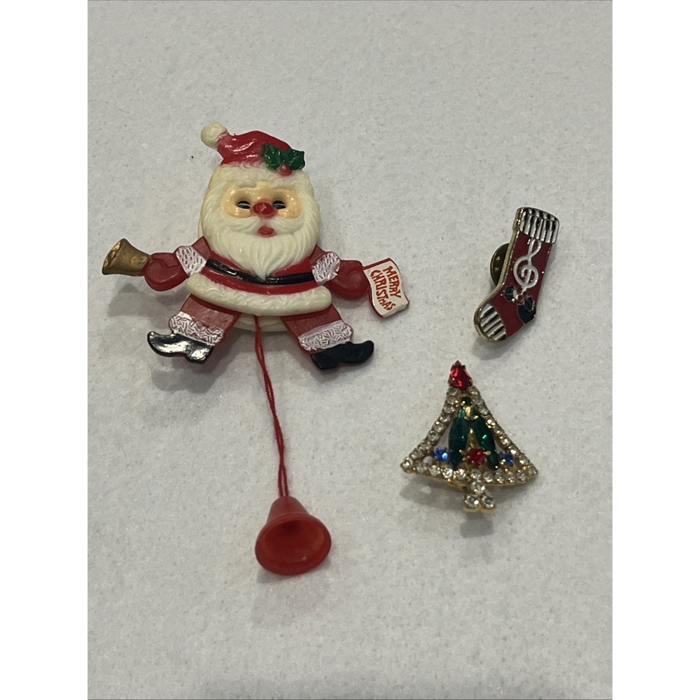 Lot Of 3 Holiday Christmas Pins Brooches Vintage Santa Claus, Tree, Stocking